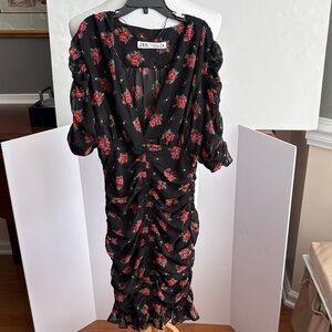 Zara Black Dress with Red Floral Design